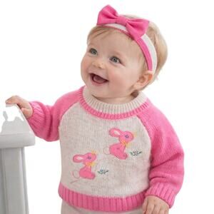 Vintage 80s Bunny Sweater 12M Hot Pink Raglan Knit Baby Retro Tiny Tots